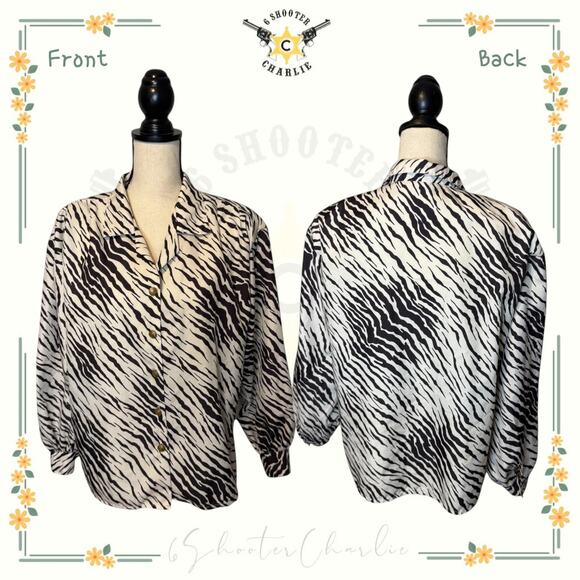 Vintage Laura Mae Zebra Striped Blouse Womens Plus Size 16 Black/White Button Up - Picture 1 of 7